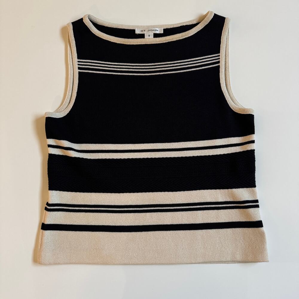 St. John Black and Cream Stripe Sleeveless Sweater Size Small EUC Santana Knit